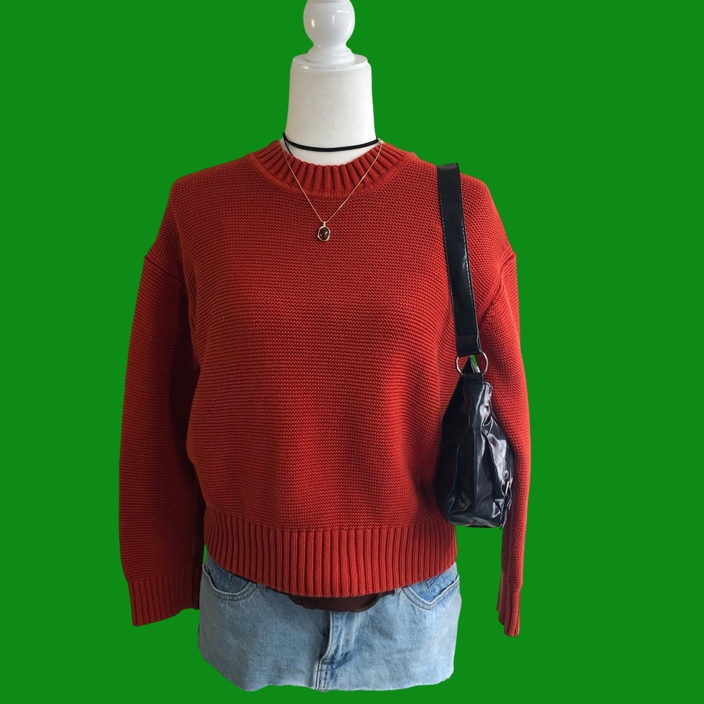 Everlane 100% Cotton Rust Orange Ribbed Crewneck Cropped Sweater Size XS